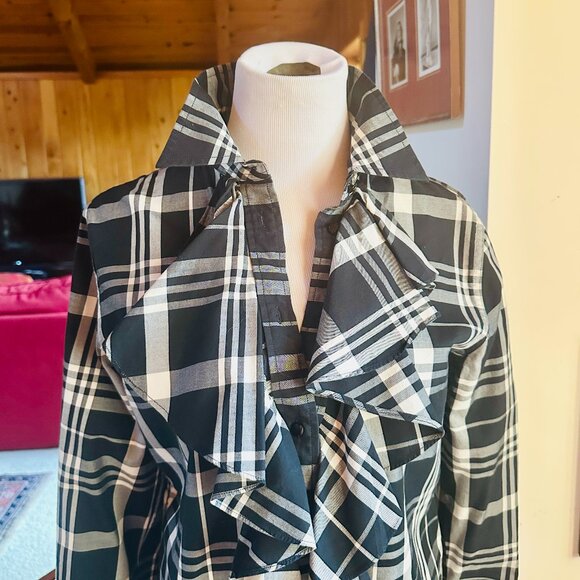 LAUREN RALPH LAUREN White and Black Plaid Ruffle Collar Shirt Blouse – M - Picture 5 of 11